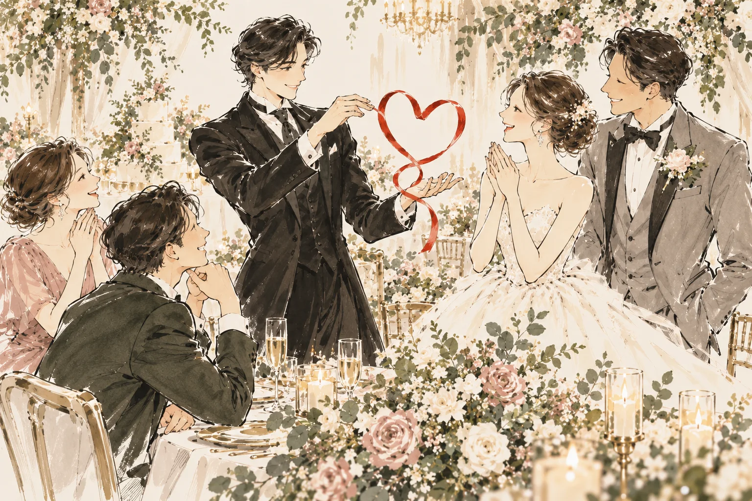 披露宴で新郎新婦とゲストにリボンマジックを披露するイメージイラスト