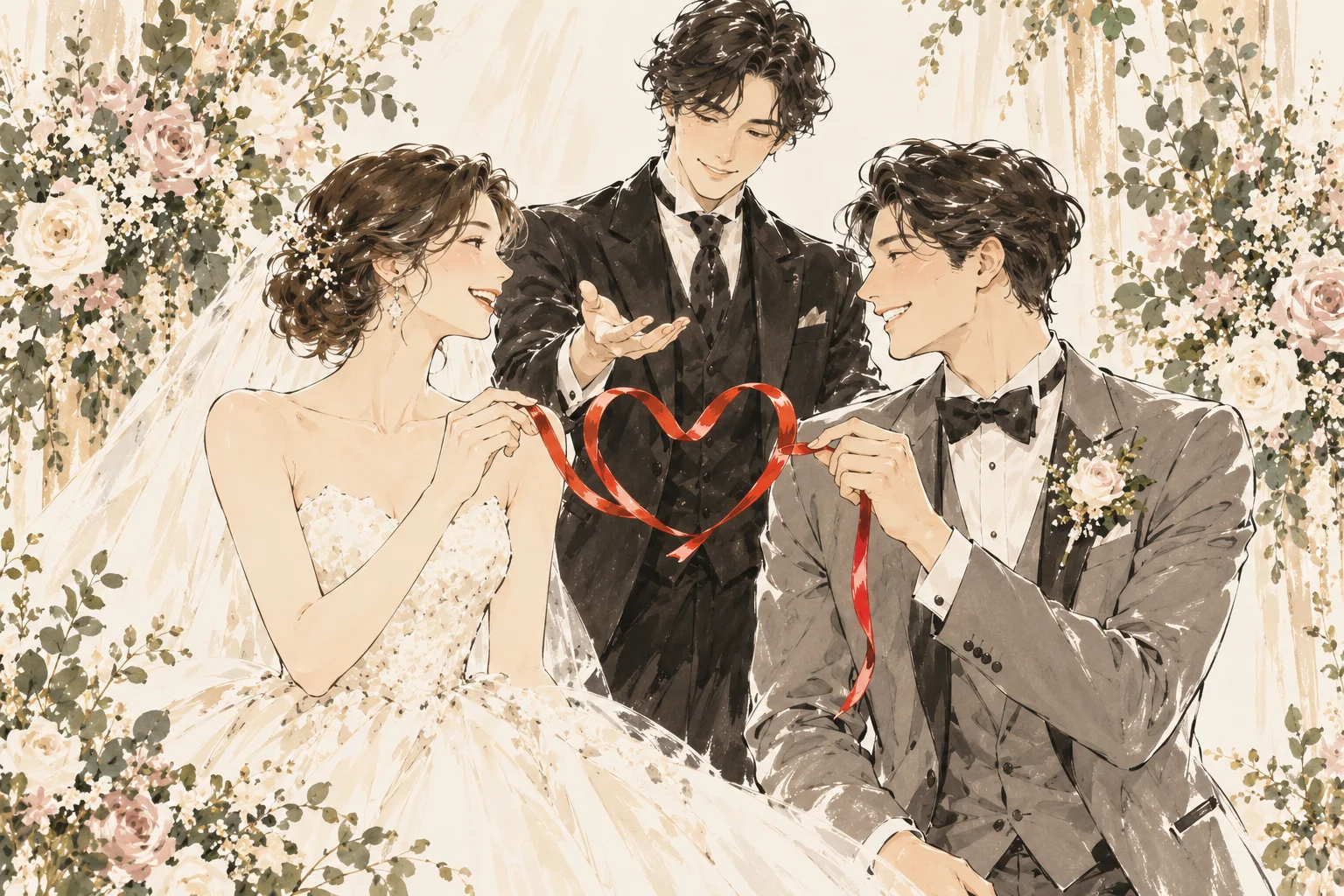 新郎新婦が赤いリボンの演出に参加するイメージイラスト