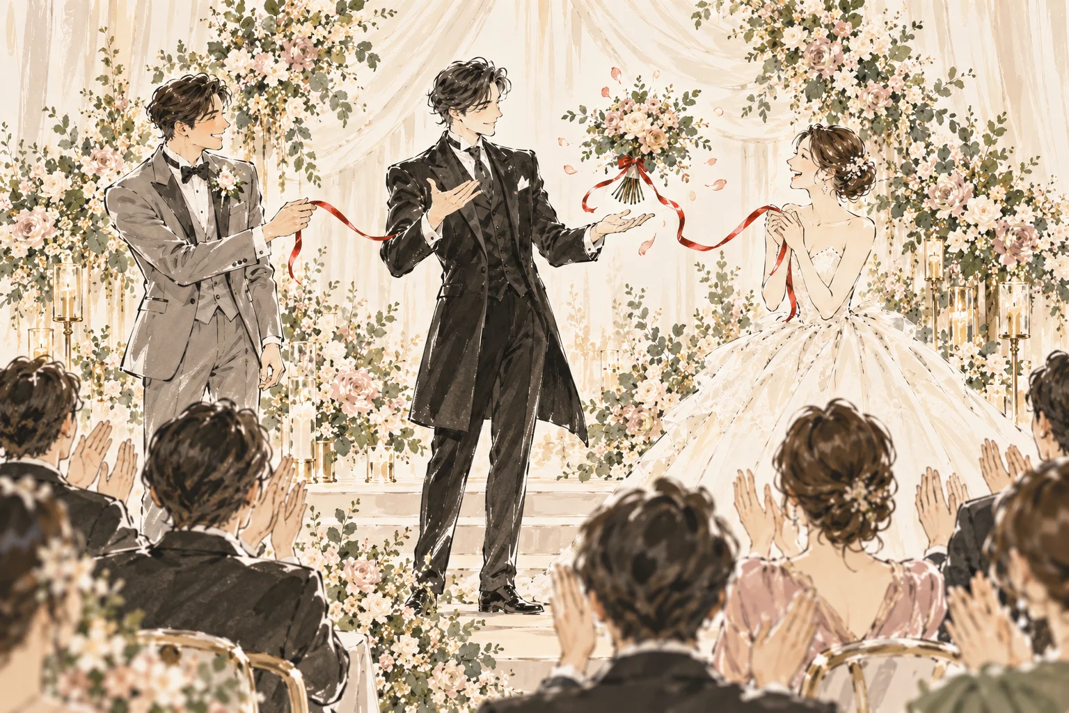 新郎新婦がステージマジックに参加しゲストが拍手するイメージイラスト