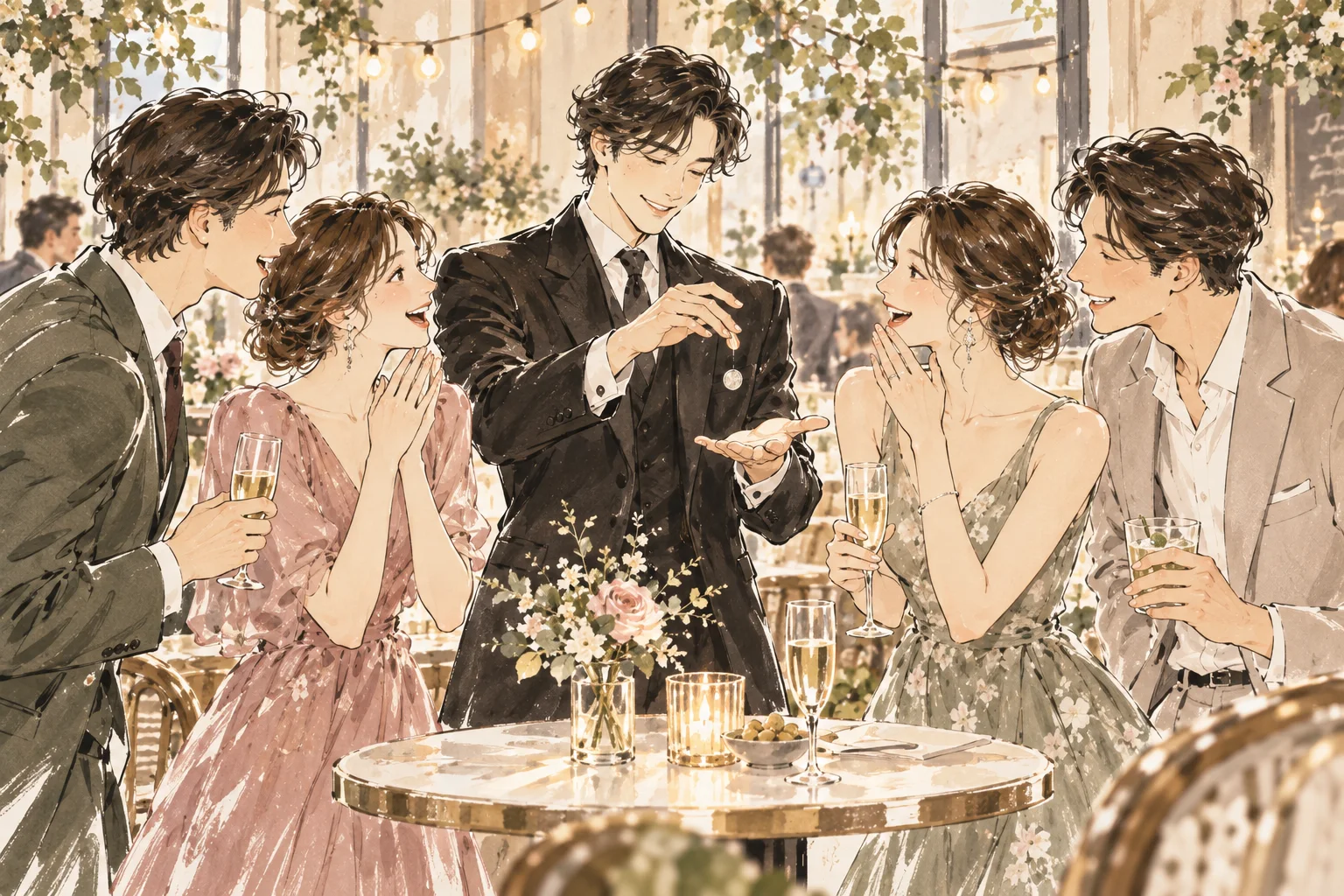 レストランの二次会でゲストがコインマジックを楽しむイメージイラスト